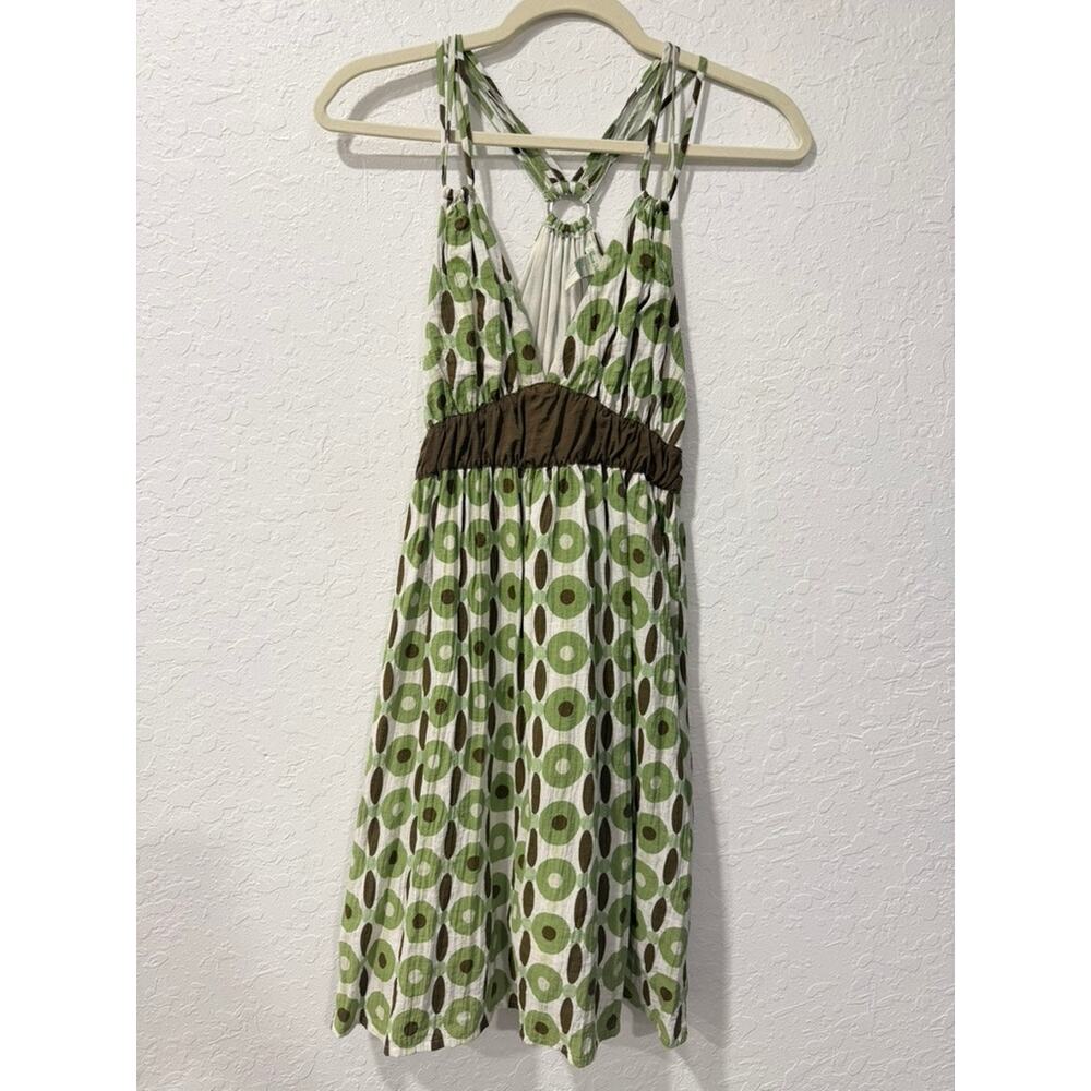 Vintage Retro Forever 21 Green Brown Circle Print Halter Mini Dress Size S